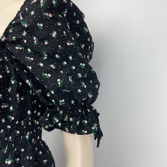 DIVIDED Peplum Peasant Whimsigoth Floral Puff Shoulders Ruched Black Top Sz S - Picture 3 of 6